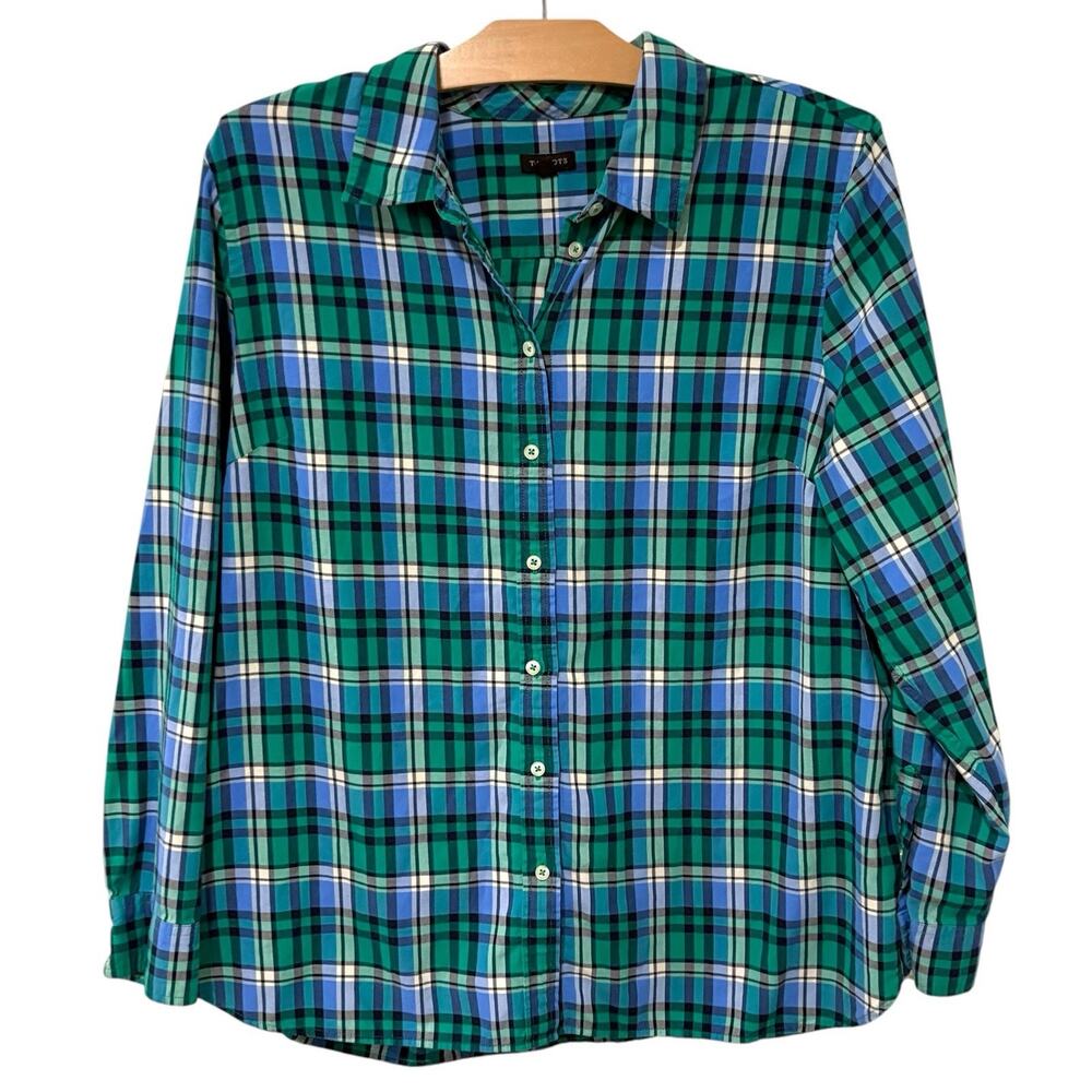 Talbots | Top Button Front Plaid Green Blue Classic Cotton- Size XL